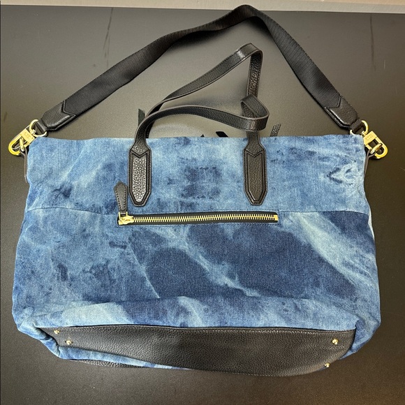 Aimee Kestenberg Blue Leather Denim Tie Dye Tote Purse Bag Gold Tone Hardware - Picture 2 of 14